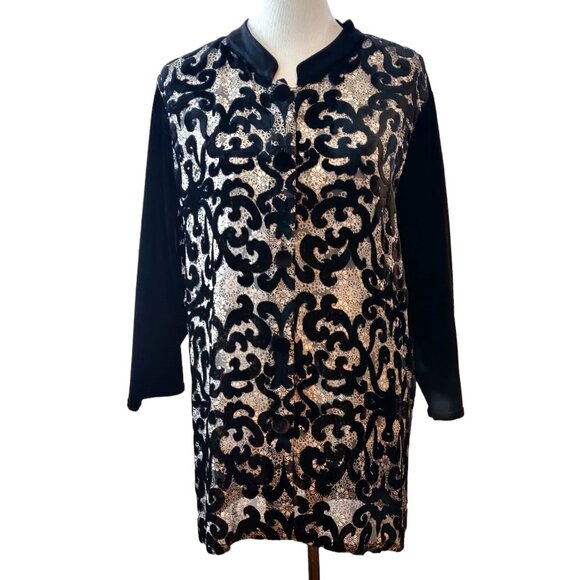 Chicos Travelers Women NWT Size 3 (XL) Black Velvet Burnout Patchwork Jacket Top - Picture 1 of 11
